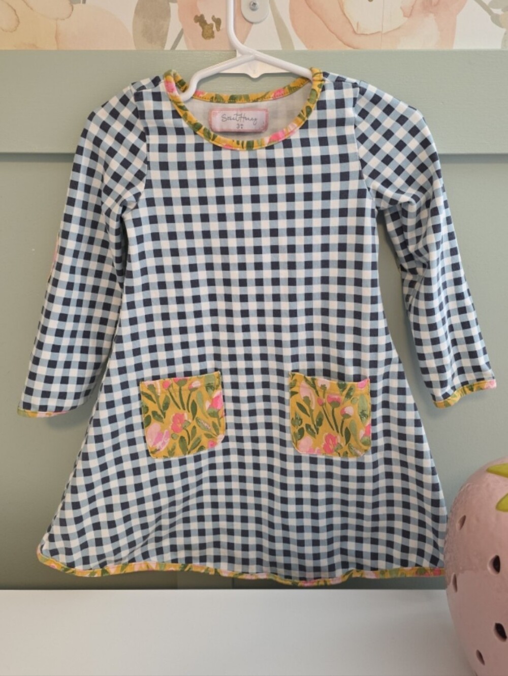 SweetHoney Navy and White Gingham Style Dress Floral Trim 3t Long Sleeves